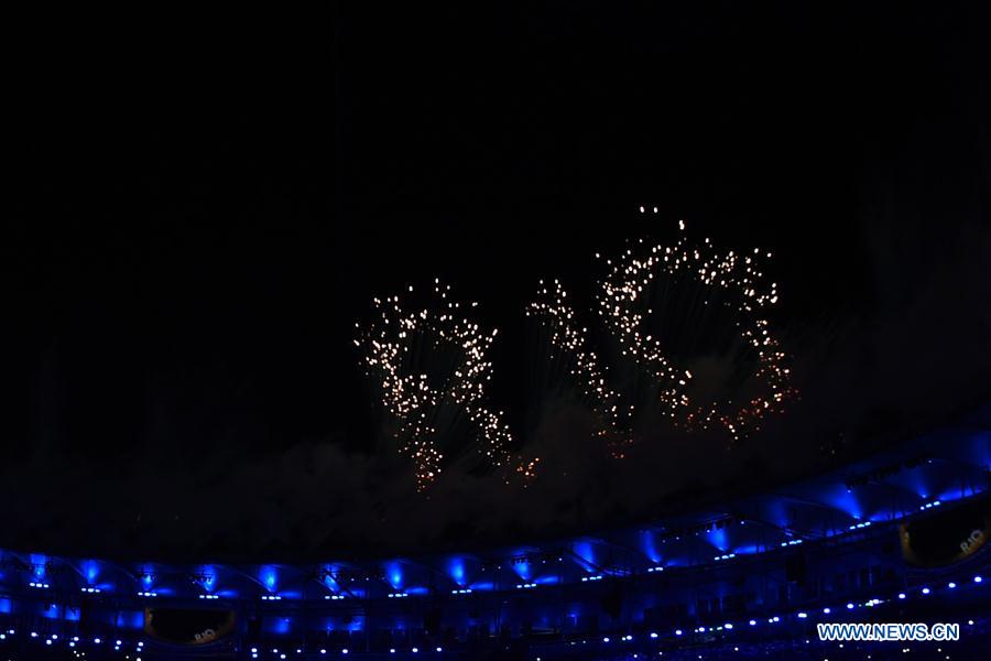 The fireworks show the letters of Rio over Maracana Stadium during the opening ceremony of the 2016 Rio Olympic Games in Rio de Janeiro, Brazil, Aug. 5, 2016. (Xinhua/Lui Siu Wai) 