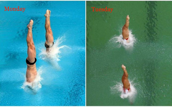 A photo combo shows the comparison of blue and green water in the diving events at the Rio Olympics. [Photo: huanqiu.com]