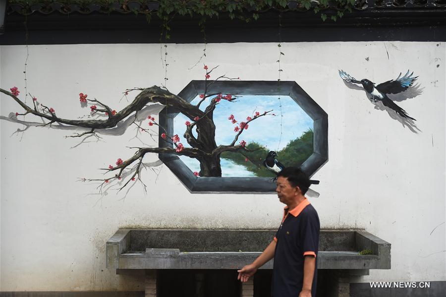 A resident walks past a wall with graffiti works at the reconstructed Mantoushan Community in Hangzhou, capital of east China's Zhejiang Province, Aug. 22, 2016. Hangzhou has been massively upgrading the city's infrastructure with such improvements as repaving roads, expanding its subway system and dredging waterway for the G20 summit over the last couple of years. [Photo/Xinhua]