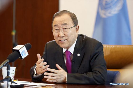 UN Secretary-General Ban Ki-moon speaks during an interview with several UN-based Chinese media outlets at the UN headquarters in New York, Aug. 26, 2016. [Photo/Xinhua]