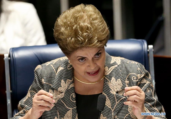 Suspended Brazilian President Dilma Rousseff attends a Senate impeachment trial in Brasilia, Brazil, Aug. 29, 2016. Brazilian leader Dilma Rousseff, twice elected president as the candidate of a left-leaning alliance led by the Workers' Party (PT), will undergo one of the most critical moments of her political career. (Xinhua/Li Ming)