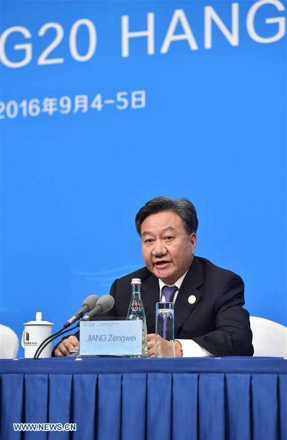 Jiang Zengwei, Chair of the Business 20 (B20) China and head of China Council for the Promotion of International Trade (CCPIT), speaks at a press conference of the B20 summit in Hangzhou, capital of east China's Zhejiang Province, Sept. 1, 2016. [Xinhua]