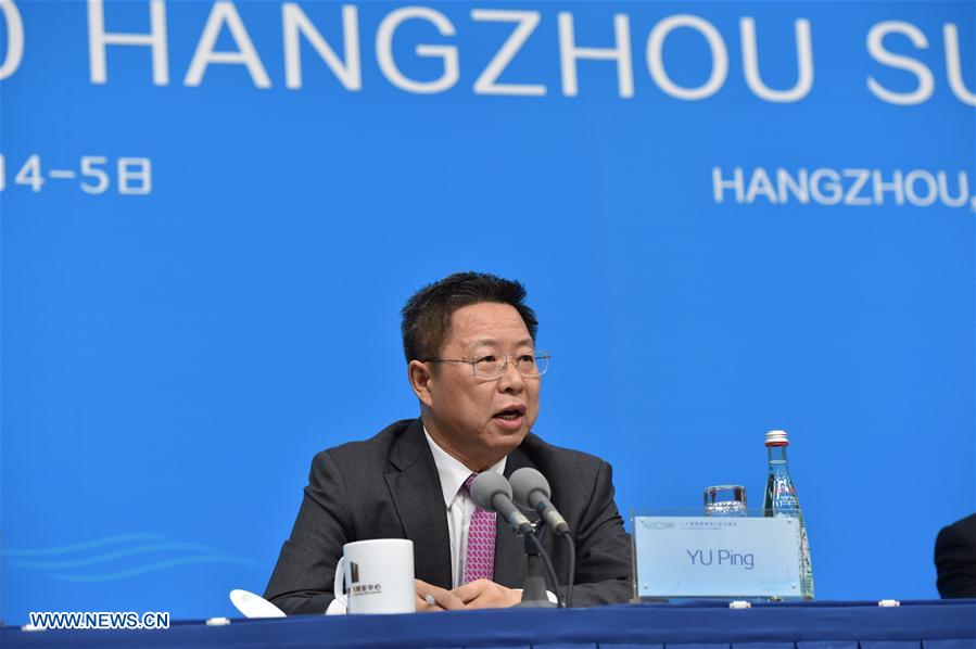 Business 20 (B20) meeting China sherpa Yu Ping speaks at a press conference of the B20 summit in Hangzhou, capital of east China's Zhejiang Province, Sept. 1, 2016. [Xinhua]