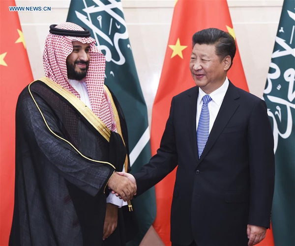 Chinese President Xi Jinping (R) meets with Saudi Arabia's Deputy Crown Prince Mohammed bin Salman in Beijing, capital of China, Aug. 31, 2016. [Photo/Xinhua]
