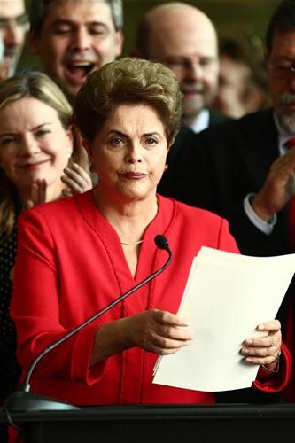 Dilma Rousseff delivers a statement at the Alvorada Palace in Brasilia, Brazil, on Aug. 31, 2016. The Brazilian Senate voted on Wednesday to strip Dilma Rousseff of the presidency by 61 votes in favor to 20 votes against. [Photo/Xinhua]