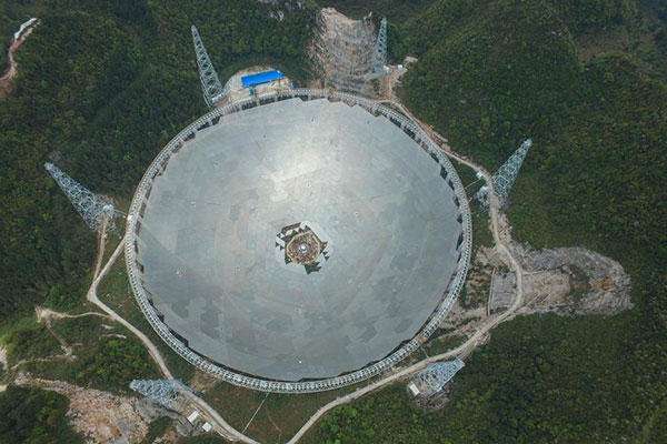 Photo taken on April 10, 2016 shows the single-aperture spherical telescope 'FAST' in Pingtang County, southwest China's Guizhou Province. [Photo/Xinhua]