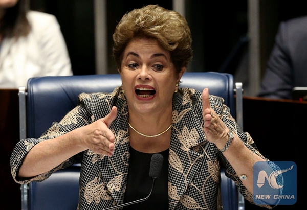 Suspended Brazilian President Dilma Rousseff attends a Senate impeachment trial in Brasilia, Brazil, Aug. 29, 2016. Brazilian senate votes to strip Dilma Rousseff of presidency in impeachment trail on Wednesday. [Photo/Xinhua]