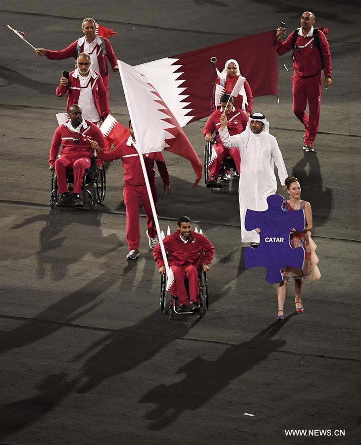 The Qatar delegation enters the stadium during the opening ceremony of the 2016 Rio Paralympic Games at the Maracana Stadium in Rio de Janeiro, Brazil, on Sept. 7, 2016. [Photo/Xinhua]