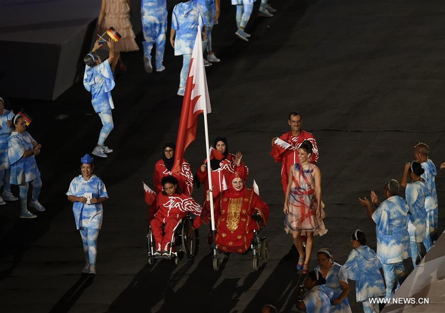 The Bahrain delegation enters the stadium during the opening ceremony of the 2016 Rio Paralympic Games at the Maracana Stadium in Rio de Janeiro, Brazil, on Sept. 7, 2016. [Photo/Xinhua]