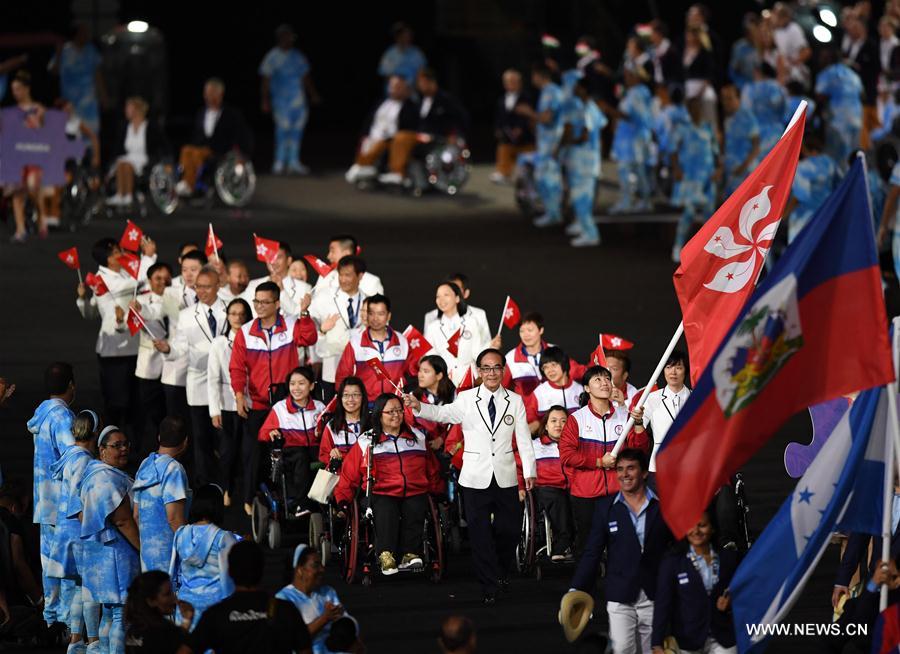 The delegation of Hong Kong, China enters the stadium during the opening ceremony of the 2016 Rio Paralympic Games at the Maracana Stadium in Rio de Janeiro, Brazil, on Sept. 7, 2016. [Photo/Xinhua]