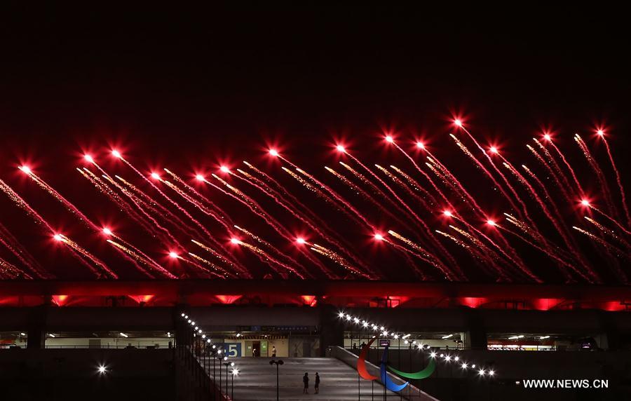 Photo taken on Sept. 7, 2016 shows the fireworks during the opening ceremony of the 2016 Rio Paralympic Games at the Maracana Stadium in Rio de Janeiro, Brazil. [Photo/Xinhua]