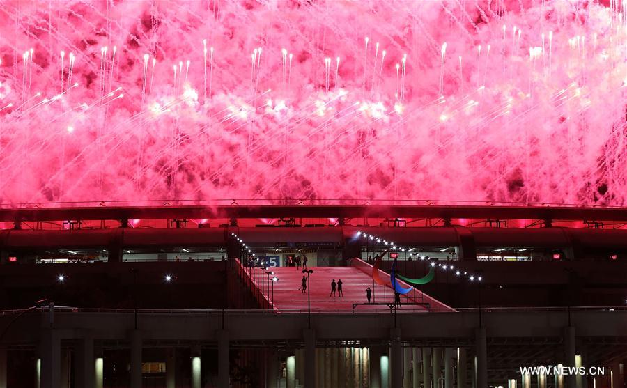 Photo taken on Sept. 7, 2016 shows the fireworks during the opening ceremony of the 2016 Rio Paralympic Games at the Maracana Stadium in Rio de Janeiro, Brazil. [Photo/Xinhua]