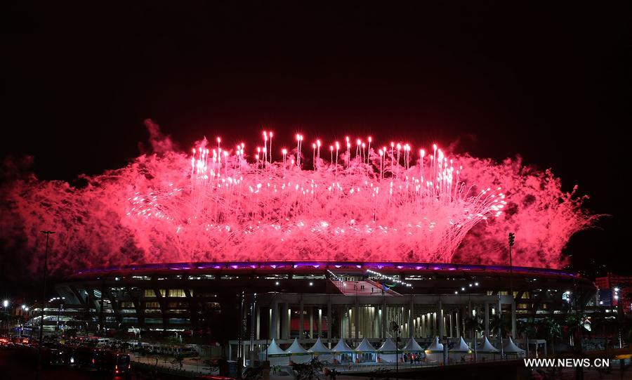 Photo taken on Sept. 7, 2016 shows the fireworks during the opening ceremony of the 2016 Rio Paralympic Games at the Maracana Stadium in Rio de Janeiro, Brazil. [Photo/Xinhua]