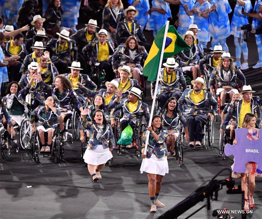 The delegation of Brazil enters the stadium during the opening ceremony of the 2016 Rio Paralympic Games at the Maracana Stadium in Rio de Janeiro, Brazil, on Sept. 7, 2016. [Photo/Xinhua]