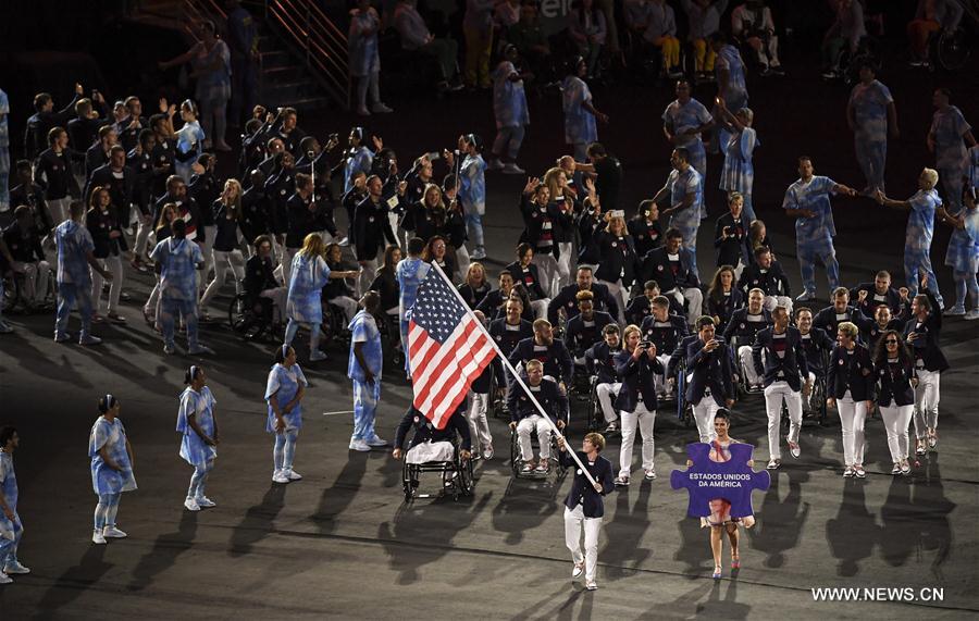 The delegation of the United States enters the stadium during the opening ceremony of the 2016 Rio Paralympic Games at the Maracana Stadium in Rio de Janeiro, Brazil, on Sept. 7, 2016. [Photo/Xinhua]