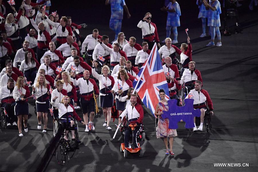 The delegation of Great Britain enters the stadium during the opening ceremony of the 2016 Rio Paralympic Games at the Maracana Stadium in Rio de Janeiro, Brazil, on Sept. 7, 2016. [Photo/Xinhua]