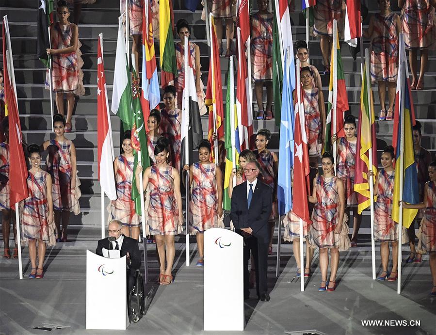 International Paralympic Committee President Philip Craven (Front, L) delivers a speech during the opening ceremony of the 2016 Rio Paralympic Games at the Maracana Stadium in Rio de Janeiro, Brazil, on Sept. 7, 2016. [Photo/Xinhua]