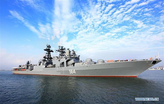 A Russian navy ship arrives at a port in Zhanjiang, south China's Guangdong Province, Sept. 12, 2016. A Russian fleet arrived in Zhanjiang on Monday, with Chinese naval forces gathering for a joint drill. The 'Joint Sea 2016' drill will go ahead between September 12 and 19 in the South China Sea, off Guangdong. [Photo/Xinhua]