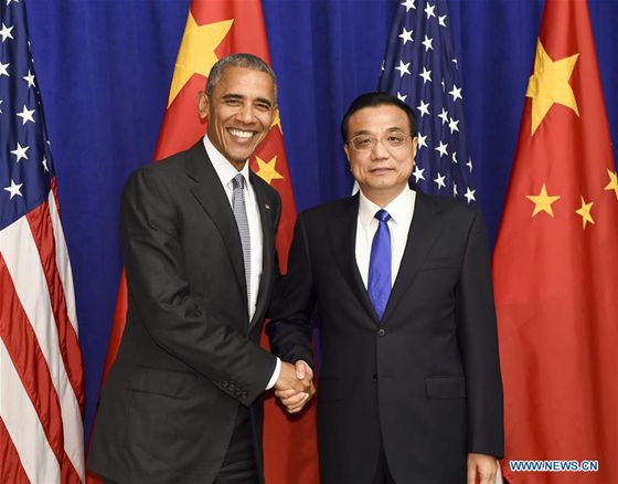 Chinese Premier Li Keqiang(R) meets with U.S. President Barack Obamain New York Sept. 19, 2016. [Photo/Xinhua]
