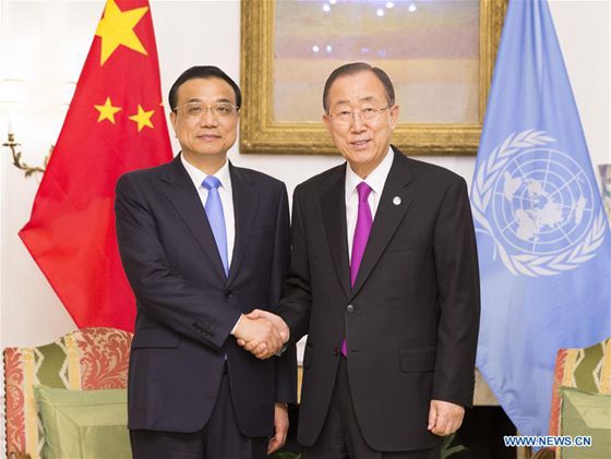 Chinese Premier Li Keqiang (L) meets with UN Secretary-General Ban Ki-moon in New York Sept. 19, 2016. [Photo/Xinhua] 