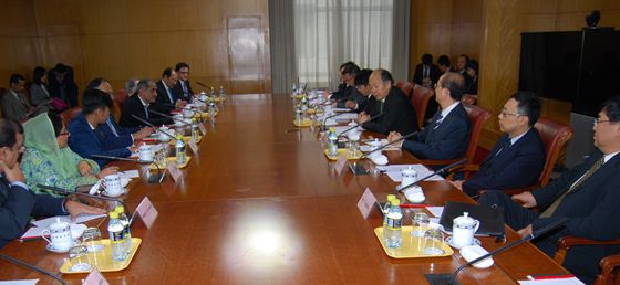 Wang Xiaotao, vice chairman of Chinese National Development and Reform Commission (NDRC) meets with the Federal Minister of Planning Development and Reform Prof. Ahsan Iqbal together with the Federal Minister for Railways Khawaja Saad Rafique leading the Pakistan delegation to China on Tuesday in Beijing. 