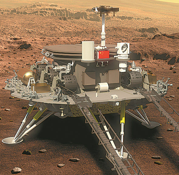 China unveiled the design of its Mars probe this August, which will consist of three parts — the orbiter, the lander and the rover, according to design illustrations released by the China National Space Administration. The rover will have six wheels and four solar panels. [Photo: People's Daily Online]