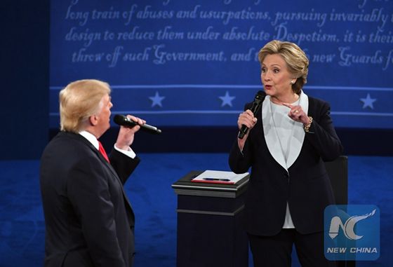 Democratic presidential candidate Hillary Clinton (R) and Republican presidential candidate Donald Trump hold the second presidential debate at Washington University in St. Louis, Missouri, the United States, Oct. 9, 2016. [Photo/Xinhua]