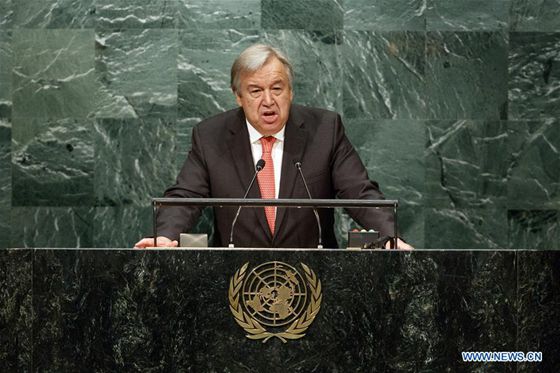 Antonio Guterres addresses the United Nations General Assembly after he was appointed as the new UN Secretary-General at the UN headquarters in New York, Oct. 13, 2016. [Photo/Xinhua]