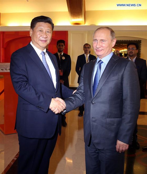 Chinese President Xi Jinping meets with Russian President Vladimir Putin in the western Indian state of Goa, Oct. 15, 2016. [Photo/Xinhua]