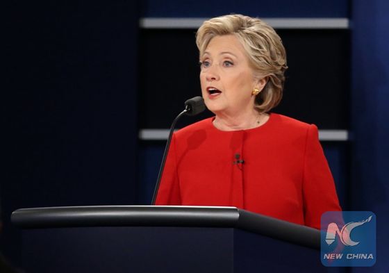 Democrat Hillary Clinton speaks during the first presidential debate with Republican Donald Trump at Hofstra University in Hempstead of New York, the United States, Sept. 26, 2016. [Photo/Xinhua] 