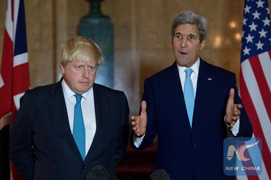 British Foreign Secretary Boris Johnson (L) and US Secretary of State John Kerry give a joint press conference after a meeting on the situation in Syria at Lancaster House in London on October 16, 2016. [Photo/Xinhua]