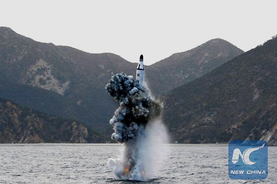 File photo provided by Korean Central News Agency (KCNA) on April 24, 2016 shows a scene of an underwater test-fire of submarine ballistic missile in the Democratic People's Republic of Korea (DPRK). [Photo/Xinhua]