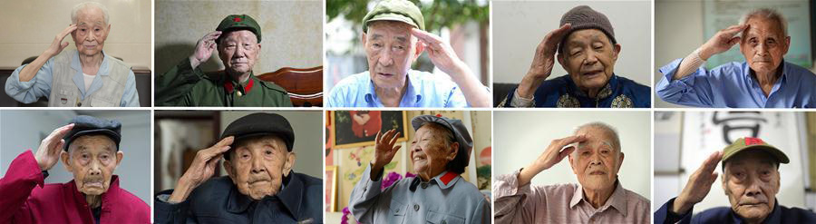 Combination photo taken in 2016 shows Red Army veterans Fang Huai, Hao Yi, Li Guang, Ren Qun, Wang Chengdeng (from L to R, upper) and Yang Yisheng, Wang Fengwen, Wang Dingguo, Wu Qingchang and Zhao Renkuan (from L to R, lower).