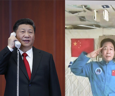 President Xi talks with astronauts in space lab
