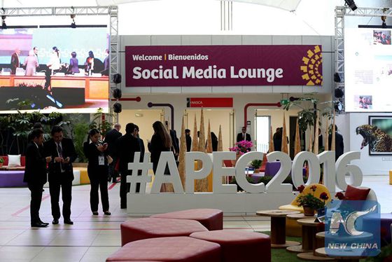 Photo taken on Nov, 15, 2016 shows the social media lounge inside the International Media Center (IMC) of the 2016 APEC Economic Leaders' Week in Lima, capital of Peru. [Photo/Xinhua]