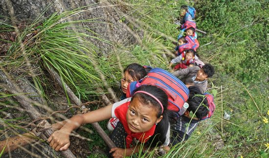 Children climb the rattan ladders leading to the cliff village in Sichuan province in May 2016. [File photo: The Beijing News]
