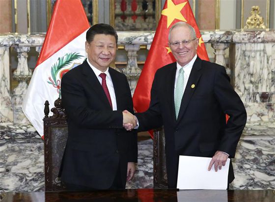 Chinese President Xi Jinping (L) holds talks with his Peruvian counterpart Pedro Pablo Kuczynski in Lima, capital of Peru, Nov. 21, 2016. [Photo/Xinhua]