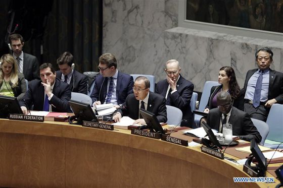 United Nations (UN) Secretary-General Ban Ki-moon (C, front) speaks after the UN Security Council adopted a resolution in response to DPRK's fifth nuclear test, at the UN headquarters in New York, the United States, Nov. 30, 2016. [Photo/Xinhua]