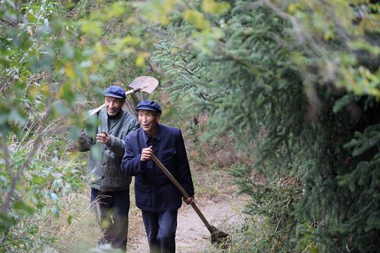 Xu Zhiqiang (L) and his twin brother Xu Zhigang walk through the mountain trail flanked by pines and spruces. 