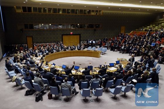 Photo taken on Dec. 5, 2016, shows the United Nations Security Council's voting on a resolution on Aleppo Truce at the United Nations headquarters in New York, on Dec. 5, 2016. [Photo/Xinhua]