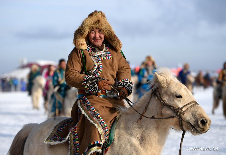 A Mongolian herdsman rides a horse at a winter Nadam fair in West Ujimqin Banner, north China&apos;s Inner Mongolia Autonomous Region, Jan. 7, 2017. The 5-day event kicked off here on Saturday. Nadam Fair, meaning &apos;entertainment&apos; or &apos;recreation&apos; in Mongolian, is a mass traditional Mongolian festival mainly filled with sports events.(Xinhua/Ren Junchuan) 