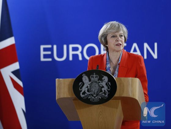 British Prime Minister Theresa May attends a press conference after the second-day's meeting of EU Summit in Brussels, Belgium, Oct. 21, 2016. [Photo/Xinhua]