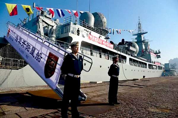 The People's Liberation Army Navy holds a ceremony to celebrate the commissioning of the CNS Kaiyangxing on Tuesday.Provided To China Daily 
