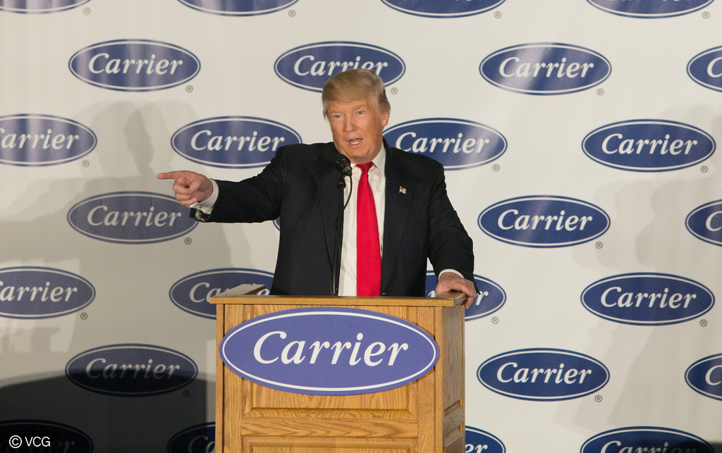 Donald Trump during a speech at the Carrier plant in Indianapolis on Dec. 1, 2016 after the air conditioner maker announced that it would keep hundreds of worker in the States, rather than outsource them to Mexico. (Photo: VCG)