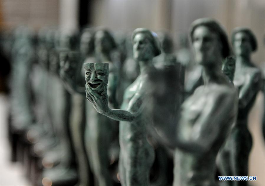 Photo taken on Jan. 17, 2017 shows statuettes of 'The Actor' for the 23rd annual Screen Actors Guild (SAG) Awards displayed at American Fine Arts Foundry in Burbank, California, the United States.