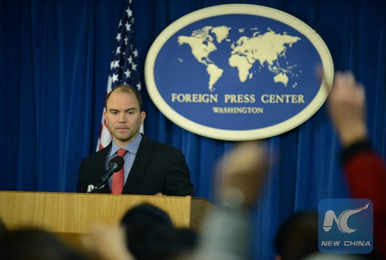 File photo taken on Jan. 13, 2016 shows White House Deputy National Security Advisor for Strategic Communications Ben Rhodes speaks during a press briefing at the Foreign Press Center in Washington D.C., the United States. [Photo/Xinhua
