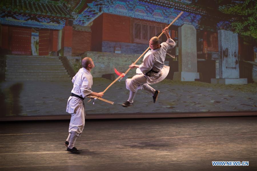 Shaolin monks perform Chinese martial arts in Tel Aviv, Israel, Jan. 18, 2017. The performance was part of the celebrations for the 25th anniversary of the establishment of the diplomatic relations between China and Israel. [Photo/Xinhua]