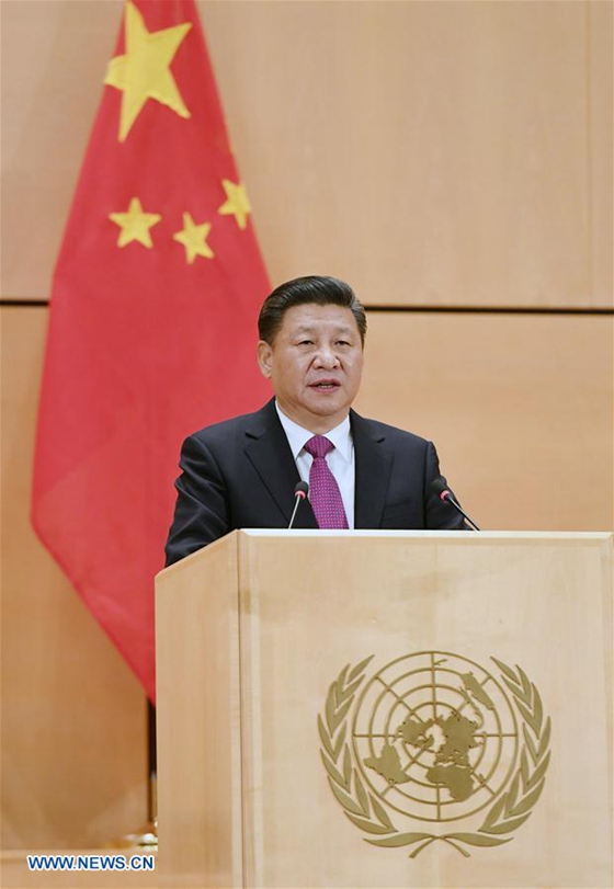 Chinese President Xi Jinping delivers a keynote speech at the United Nations Office in Geneva, Switzerland, Jan. 18, 2017. [Photo/Xinhua]