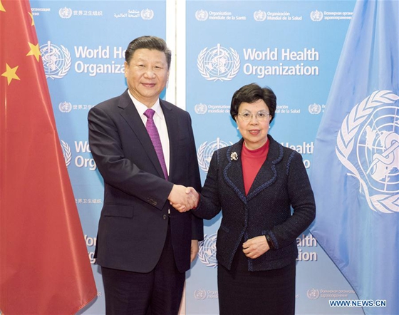 Chinese President Xi Jinping (L) meets with World Health Organization (WHO) Director-General Margaret Chan in Geneva, Switzerland, Jan. 18, 2017. [Photo/Xinhua]