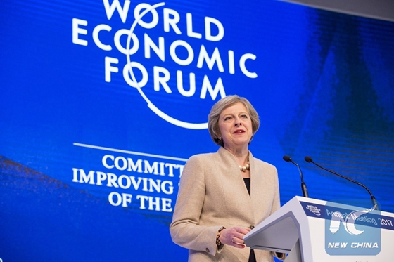 British Prime Minister Theresa May speaks at the annual meeting of the World Economic Forum (WEF) in Davos, Switzerland, Jan. 19, 2017. [Photo/Xinhua]